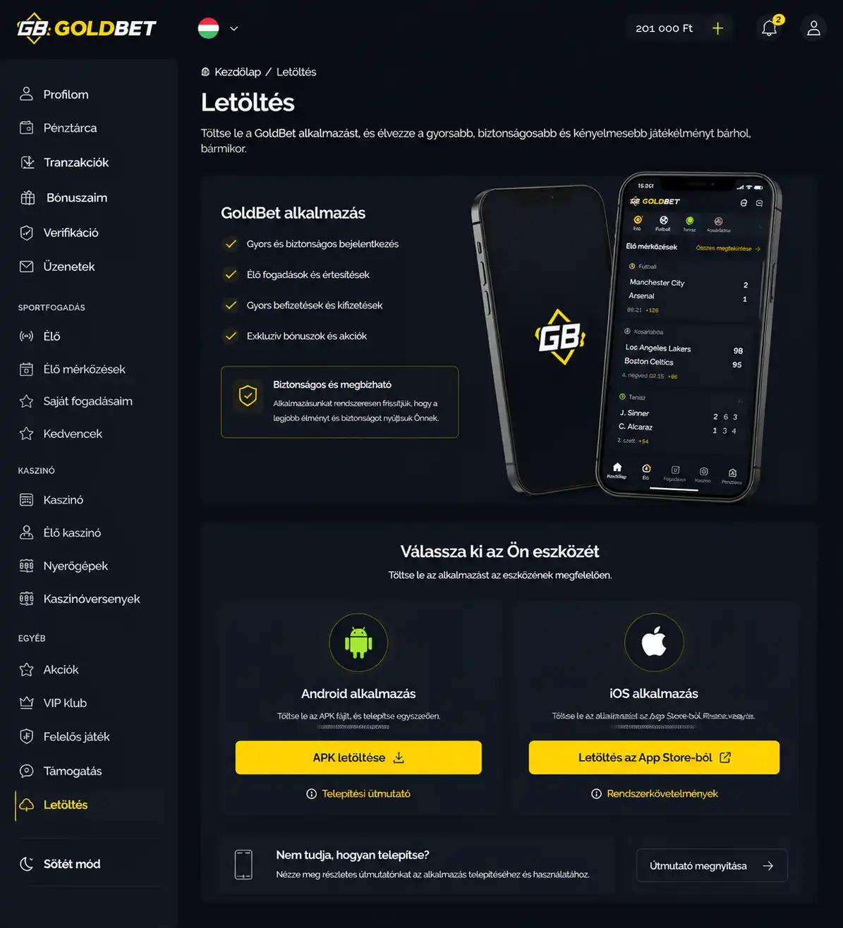 Goldbet alkalmazás letöltési oldal — az APK letöltés és az App Store link megjelenítése