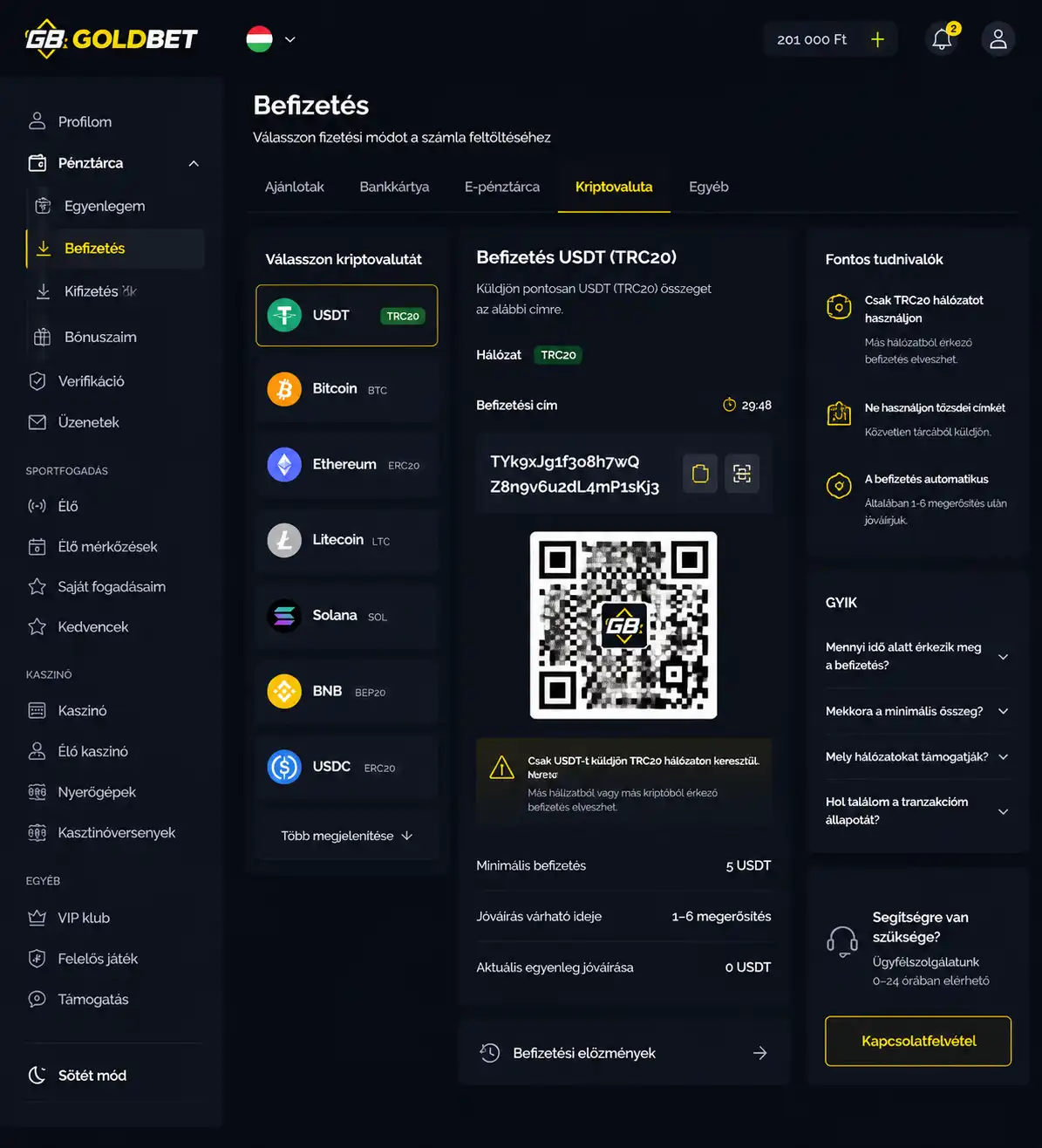 Goldbet kriptovalutás befizetési felület — a támogatott kriptovaluták és a wallet-cím generálás