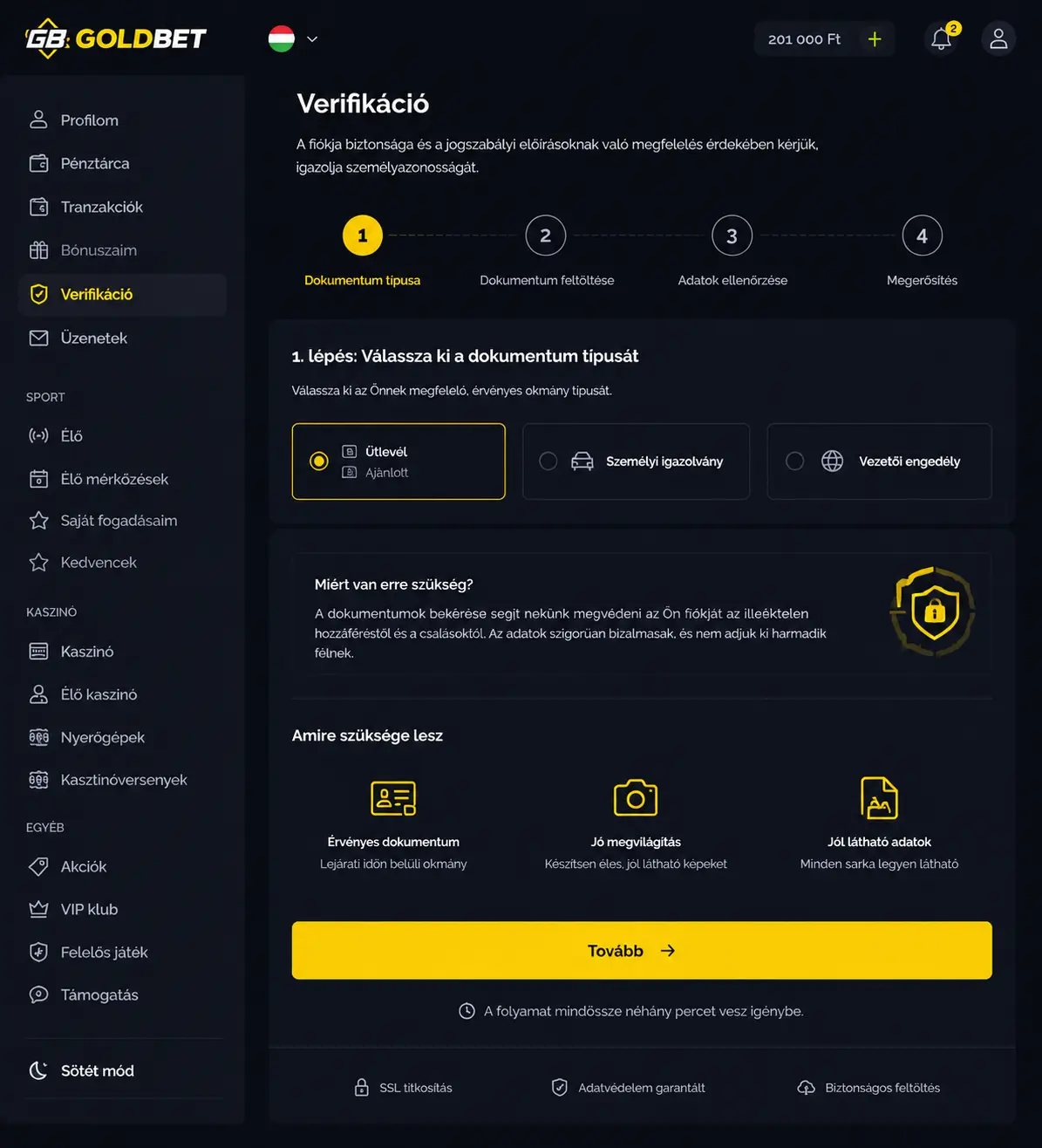 Goldbet KYC verifikációs felület — a dokumentumfeltöltés lépései