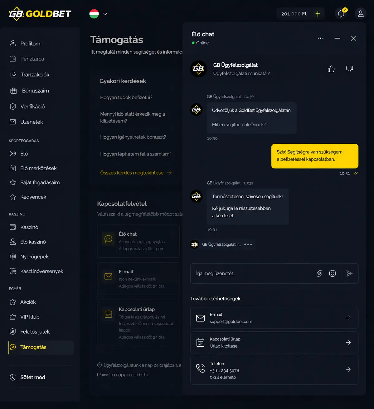 Goldbet ügyfélszolgálat — az élő chat ablak és a kapcsolatfelvételi opciók megjelenítése