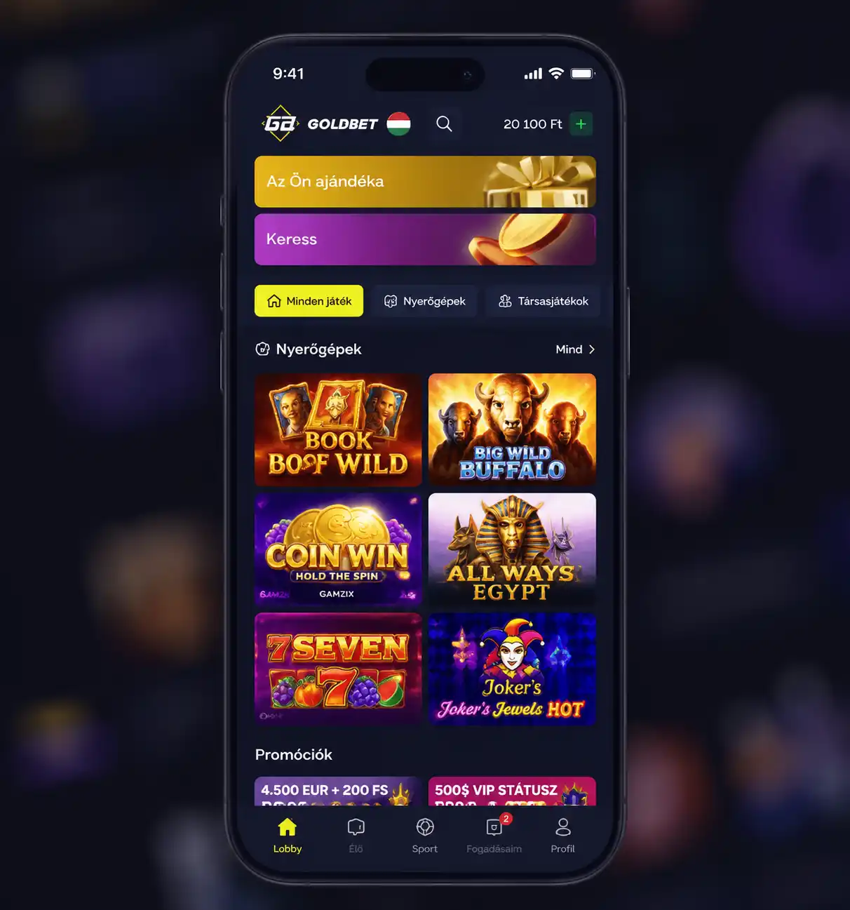 Goldbet mobilalkalmazás — a főoldal megjelenítése Android eszközön
